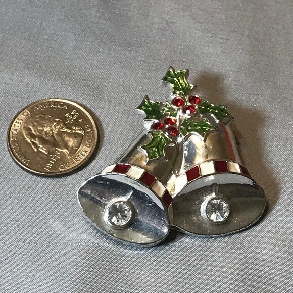Silver Tone Christmas Bells Lapel Pin / Brooch - Picture 3 of 3